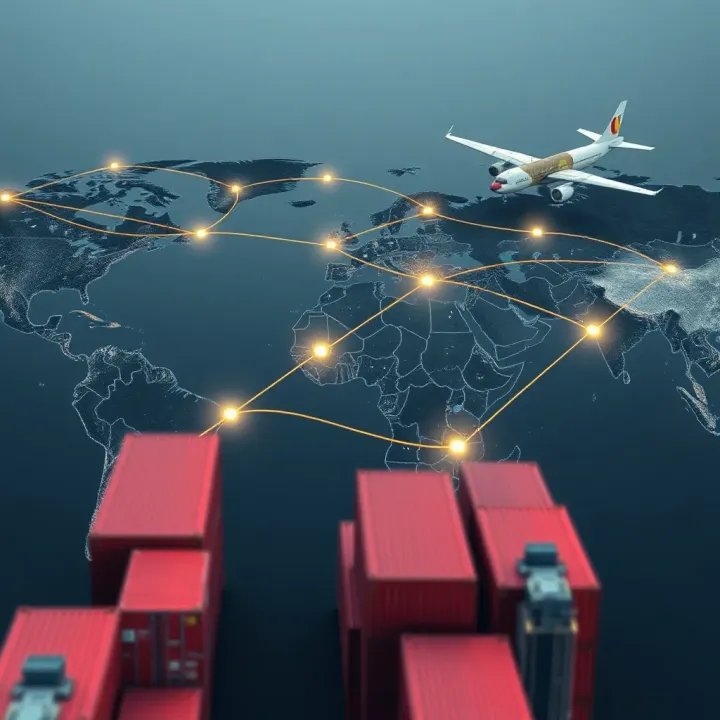 Global trade routes connecting diverse countries with shipping containers and airplanes