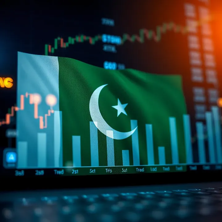 Economic growth chart overlaid with Pakistan flag and trade symbols representing trade dynamics