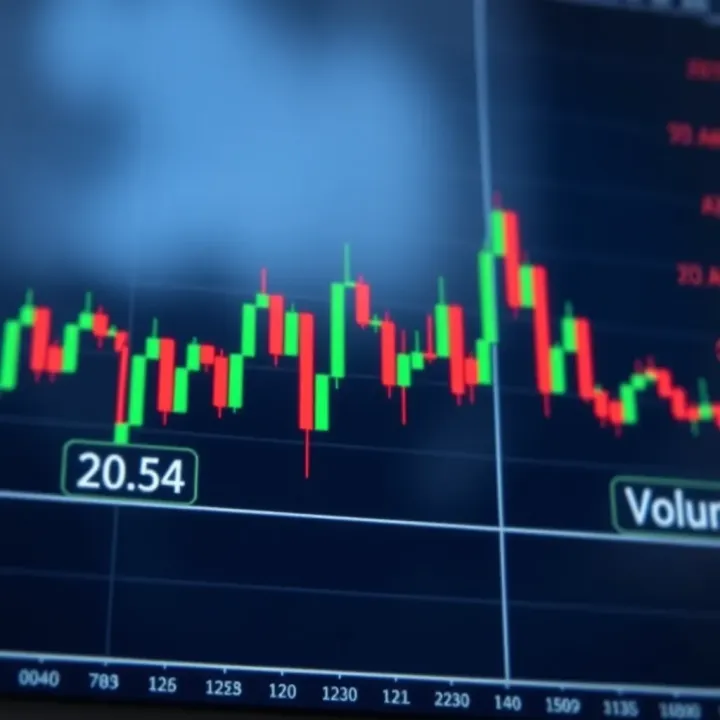 Candlestick Chart Depicting Market Trends and Volume Candlestick chart displaying bullish and bearish market trends with volume indicators