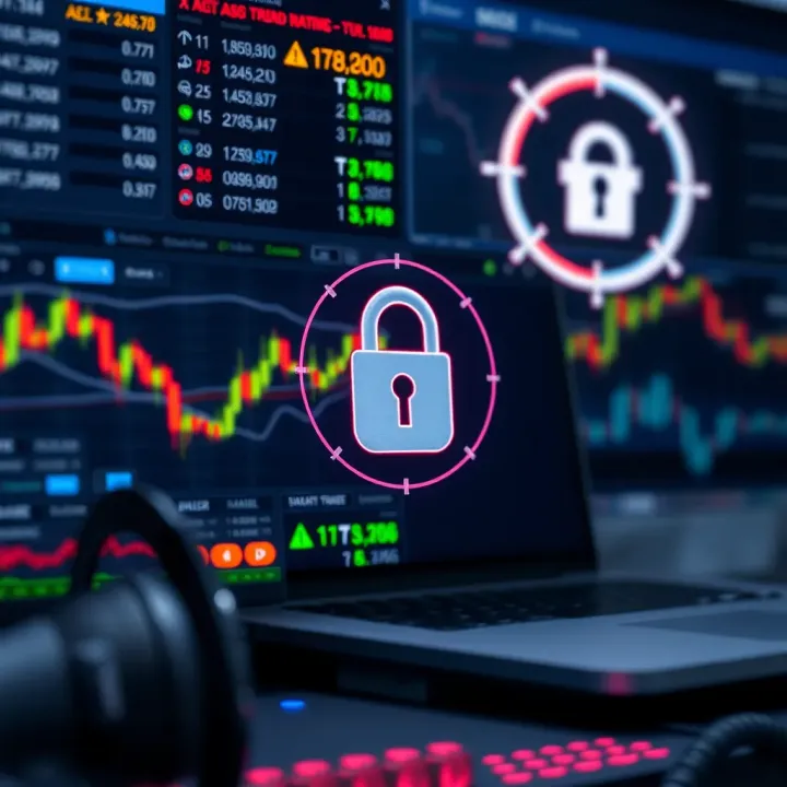 Secure online trading with padlock symbol and financial icons
