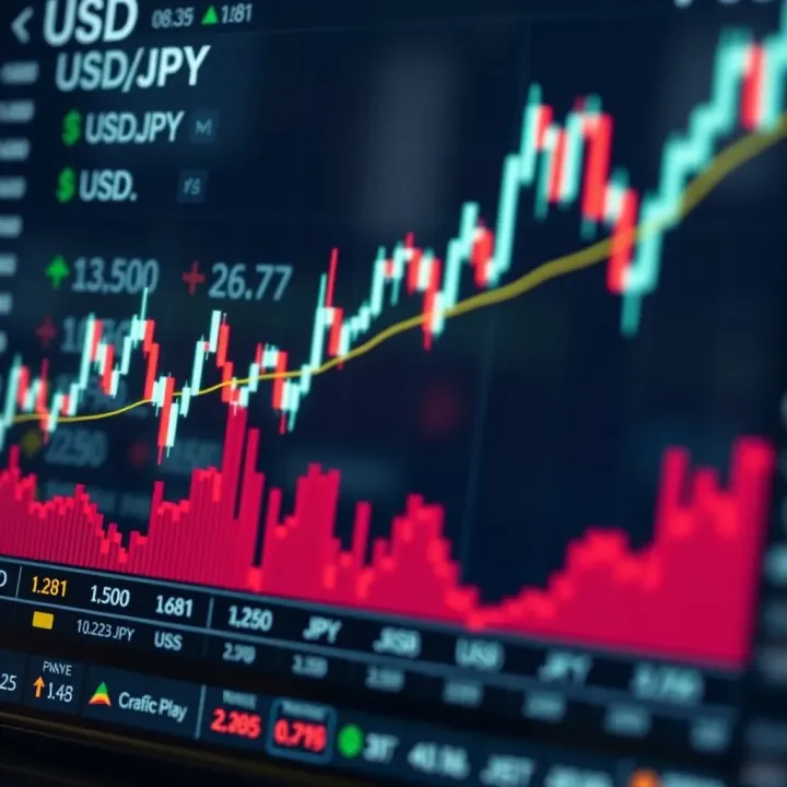 Graph showing USD to JPY currency exchange fluctuations with key economic indicators highlighted