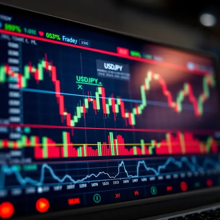 Technical analysis chart with trend lines and market sentiment indicators for USDJPY trading in Forex market