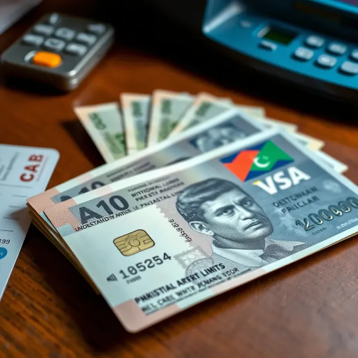 Pakistani Currency and ATM Card Highlighting Withdrawal Limits Close-up of Pakistani banknotes and ATM card on a wooden desk