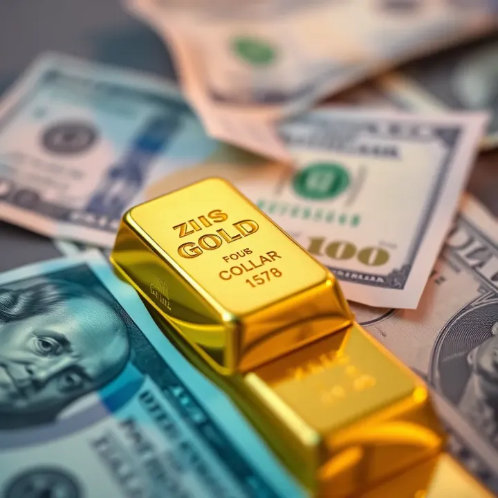 Golden bars with US dollar bills background representing gold to US dollar exchange